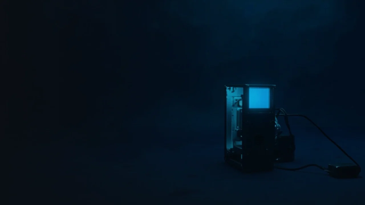 En miningmaskine med lysende cyanblæsere og kabler til højre mod en mørk navyblå baggrund.