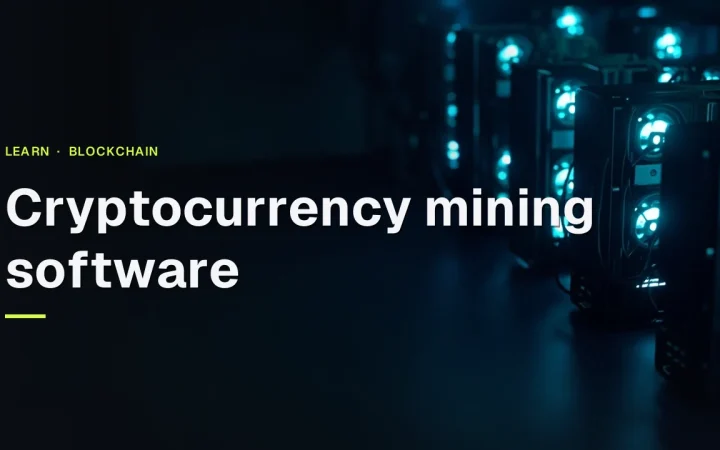 Cryptocurrency mining software title over rows of mining machines with glowing cyan fans against a dark navy background