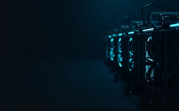 Des rangées de machines de minage avec des ventilateurs cyan lumineux sur un fond bleu marine foncé.
