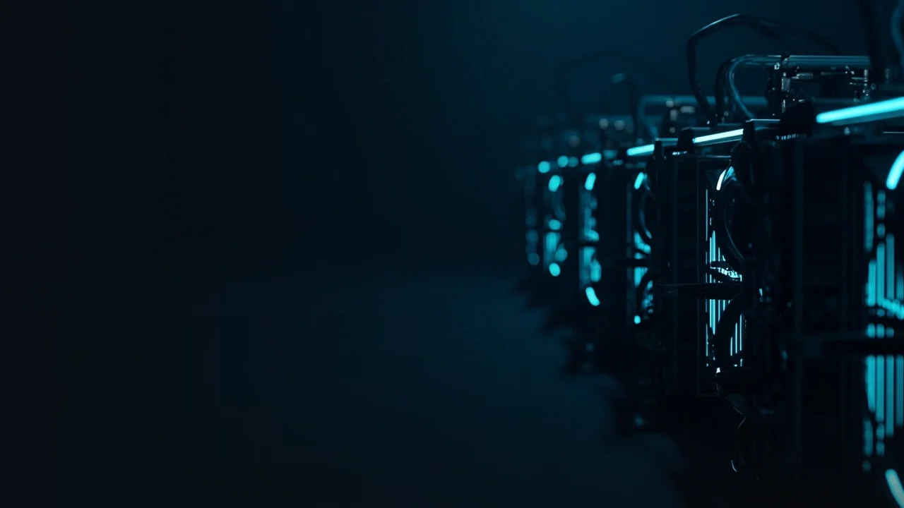 Rækker af mining-maskiner med glødende cyan-blæsere mod en mørk navy baggrund.