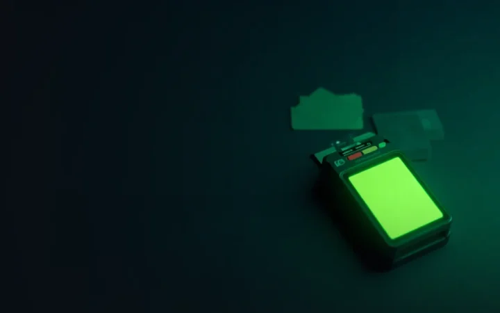 Un bureau sombre avec un terminal de paiement lumineux et des cartes vierges.