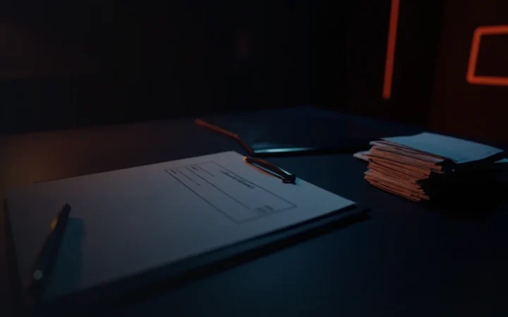 A dark navy desk with blank forms, a calculator with a blank display, a pen and a folder on the right.