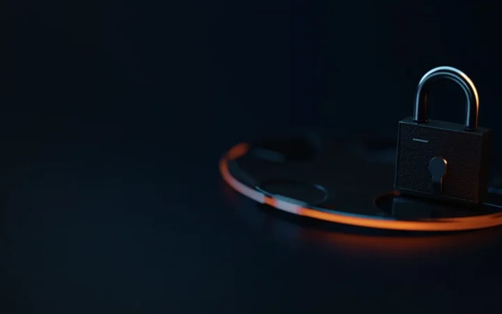 Un bureau bleu marine foncé avec un cadenas en acier et un bouclier orange lumineux à droite.