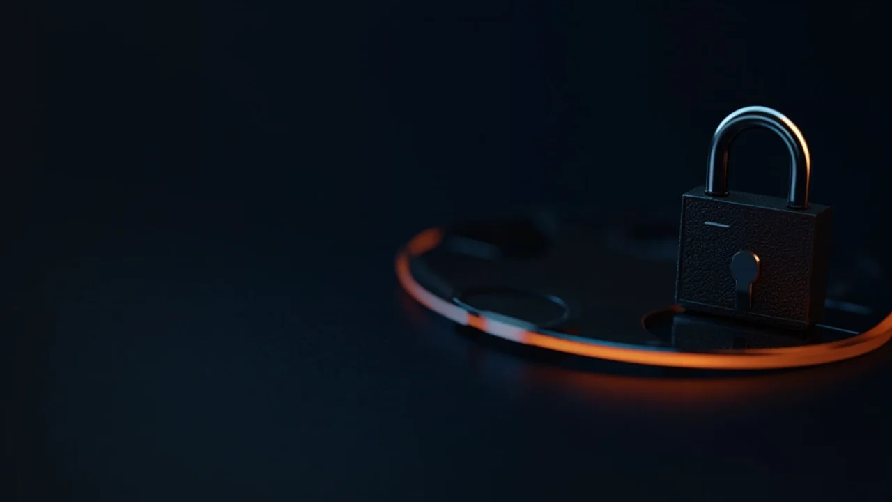 A dark navy desk with a steel padlock and shield glowing orange on the right.