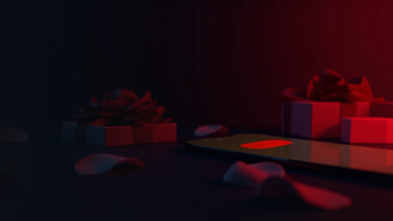 A dark navy desk with a glowing red chat bubble on a phone, a blank gift box and rose petals, leaving the left side empty.
