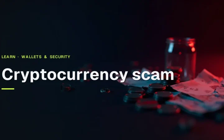 The guide title Cryptocurrency scam over a dark navy background with blank coins, a shattered glass case and torn paper lit in red