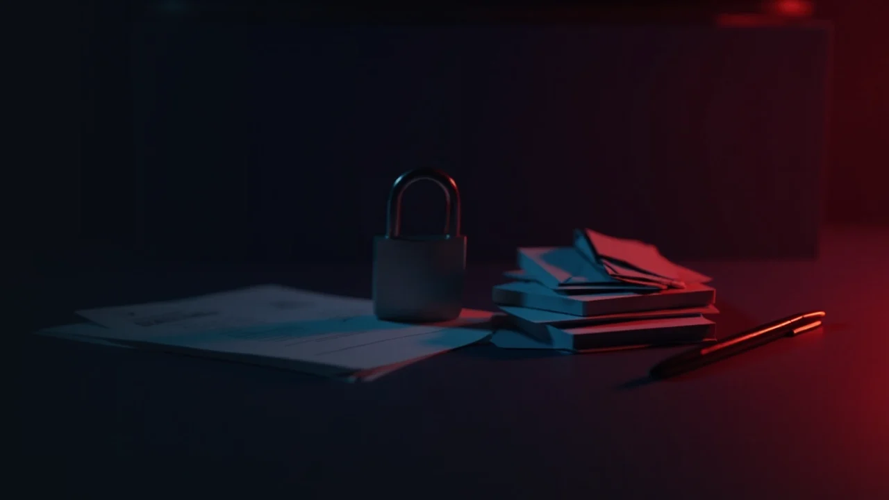 A dark navy desk with a padlock, blank cards and a pen in red light.
