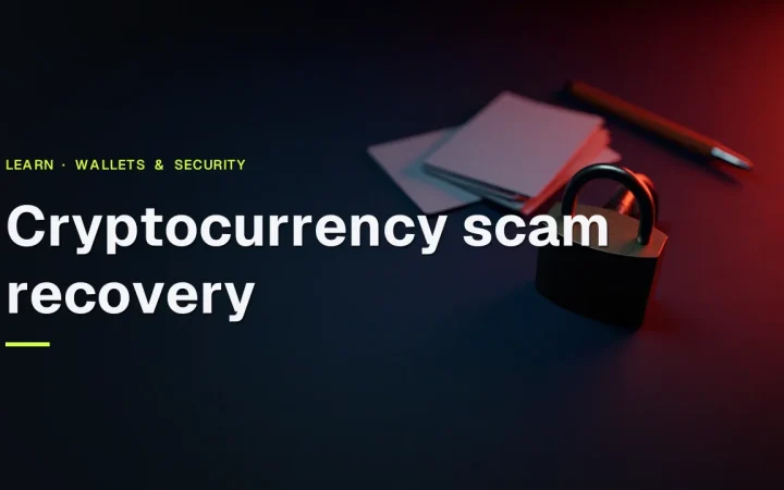 The title Cryptocurrency scam recovery over a dark navy desk with a padlock, blank cards and a pen in red light