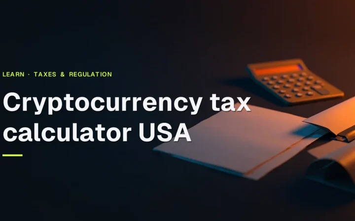 Cryptocurrency tax calculator USA title over a dark desk with a blank calculator, forms, pen and folder in orange light