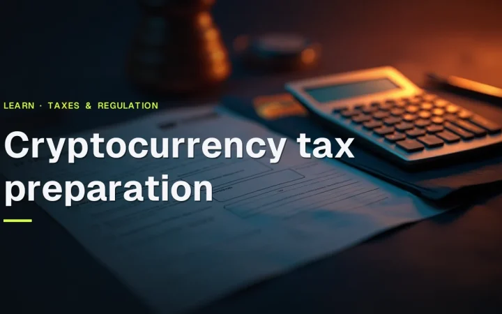 Cryptocurrency tax preparation title over blank tax forms and a calculator on a dark desk with orange light.