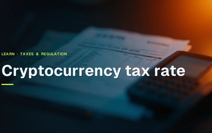 Cryptocurrency tax rate title over dark tax forms, a blank calculator, and a glowing orange pen on a navy desk