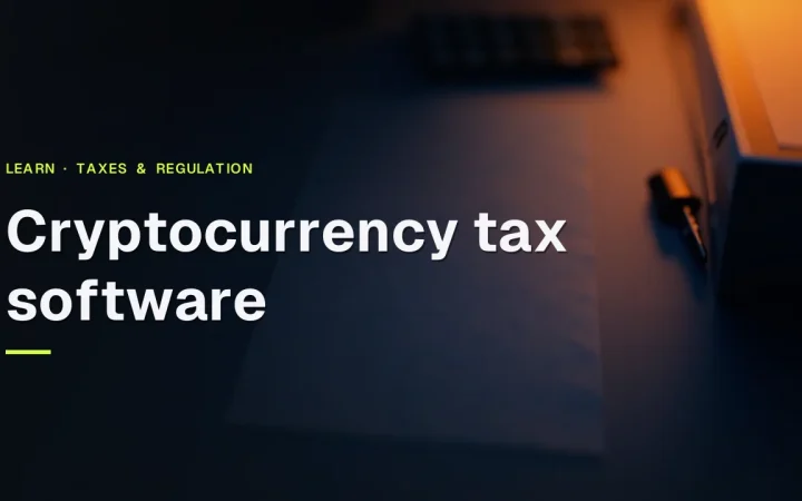 Cryptocurrency tax software title over a dark desk with a calculator, folder, blank forms and a pen.