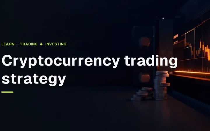 Cryptocurrency trading strategy title over a dark navy background with glowing orange candlestick bars and a glass vault.