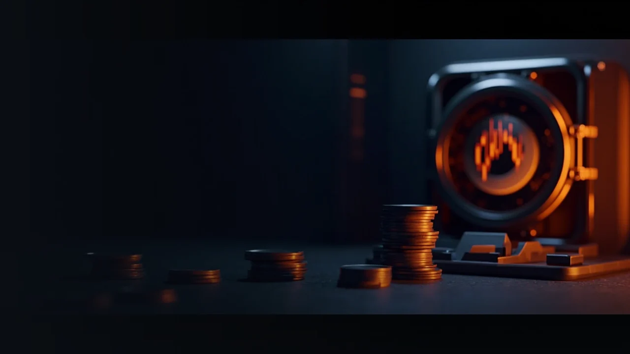 A dark navy background with glowing orange candlestick bars and a glass vault.