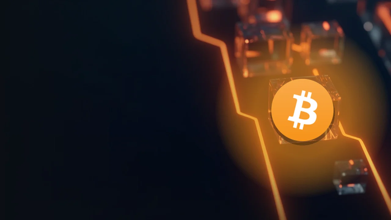 The Bitcoin logo over a dark navy background with glass blocks linked by glowing orange lines on the right.