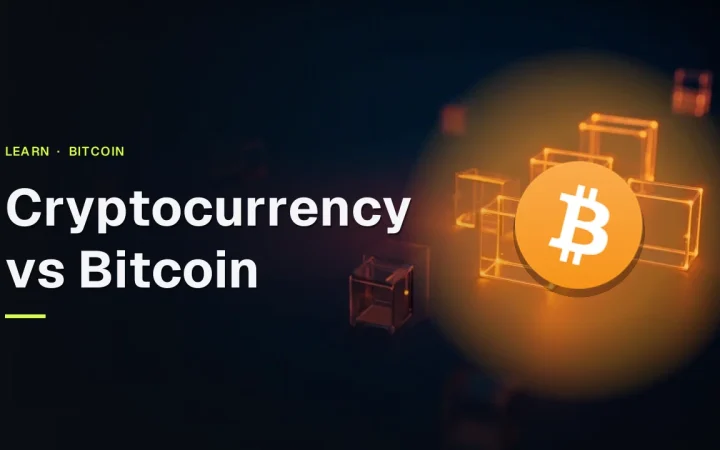 A dark navy background with glass blocks linked by glowing orange lines on the right, and the title with the Bitcoin logo on the left.
