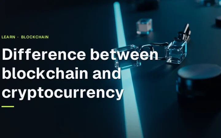 The title Difference between blockchain and cryptocurrency over glass cubes joined by light against a dark navy background.