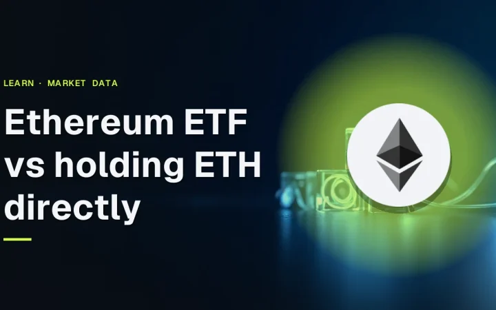 Titlen Ethereum ETF vs at holde ETH direkte med Ethereum-logoet over glødende glaskuber på en mørk navybaggrund