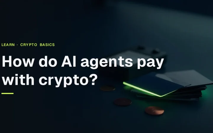 Titlen How do AI agents pay with crypto? over et mørkeblåt skrivebord med en tom betalingsterminal, kort og tokens, der lyser limegrønt.