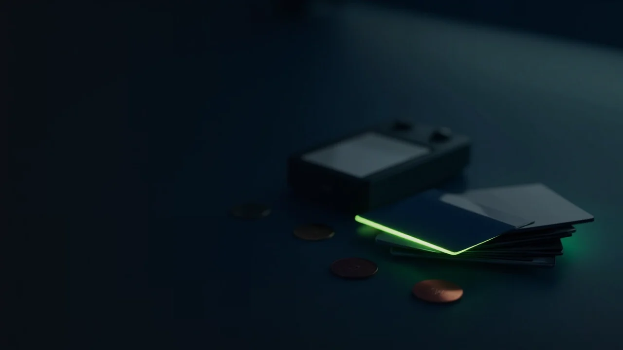 A dark navy desk with a blank payment terminal, cards, and tokens glowing lime green.