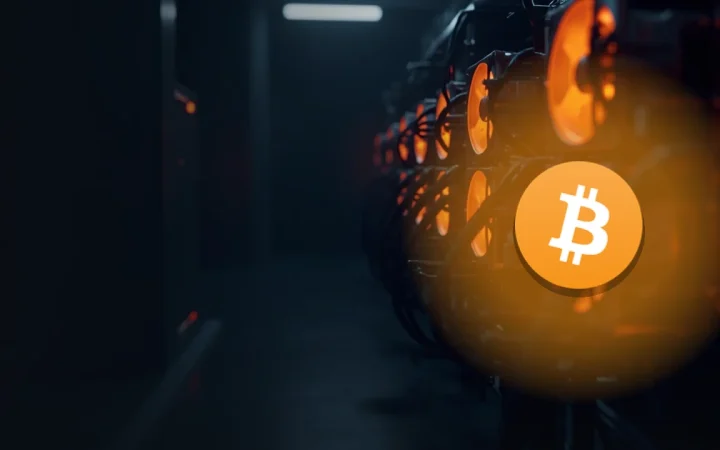 Bitcoin-logoet over rækker af mørke miningmaskiner med glødende orange blæsere og kabler.