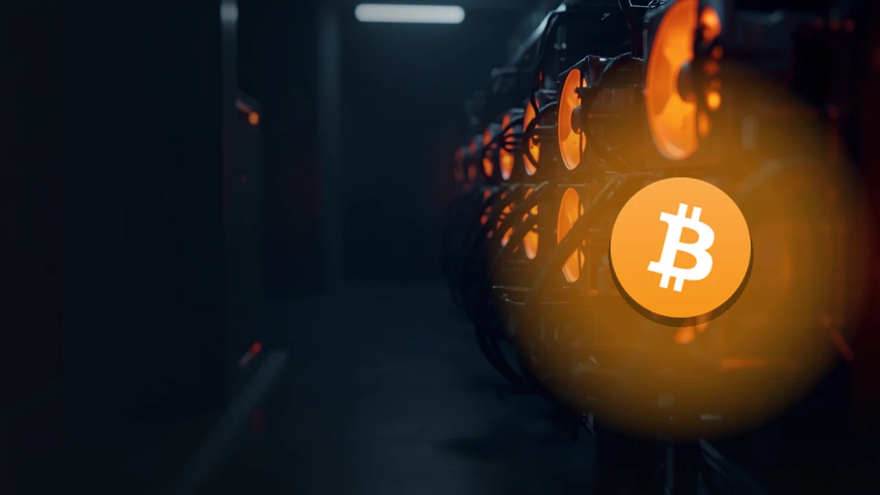 Bitcoin-logotypen över rader av mörka gruvmaskiner med glödande orange fläktar och kablar.