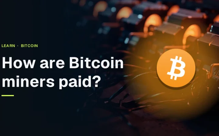 The title How are Bitcoin miners paid appears with the Bitcoin logo over rows of dark mining machines with glowing orange fans and cables.