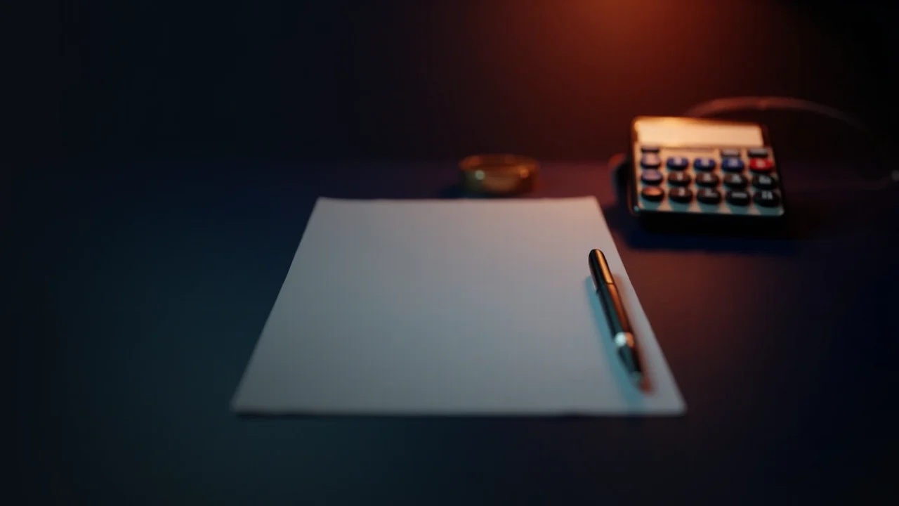 Ein dunkelblauer Hintergrund mit einem leeren Formular, einem Stift und einem Taschenrechner auf der rechten Seite.