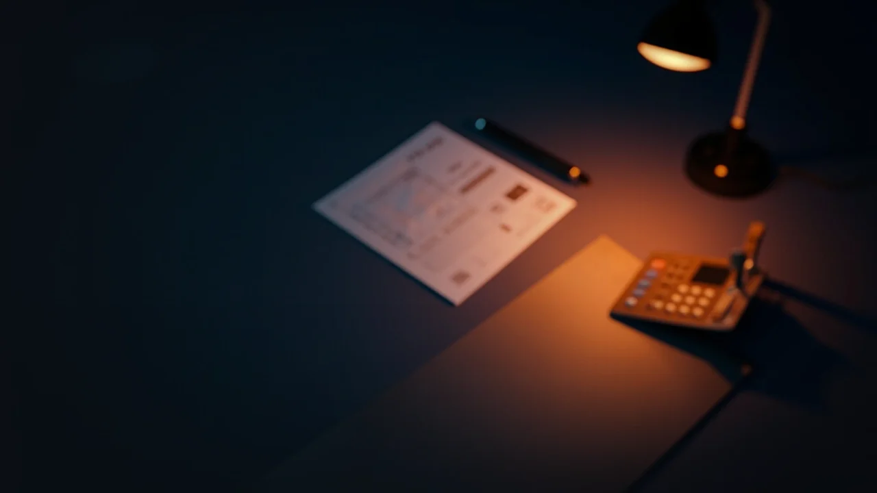 Ein dunkler Schreibtisch mit leeren Steuerformularen, einem Taschenrechner, einem Stift und einem Ordner in warmem Licht.