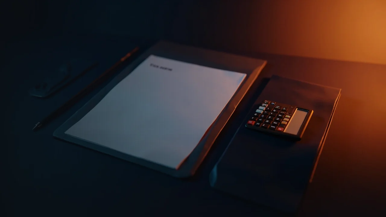 Ein dunkler Schreibtisch mit einem leeren Steuerformular, Taschenrechner, Stift und Ordner in warmem orangefarbenem Licht.
