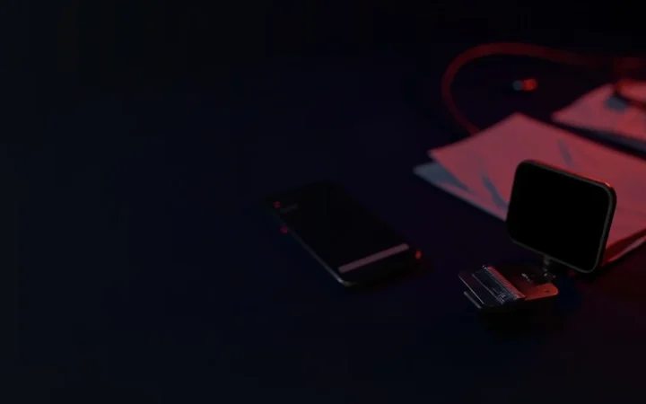 Et mørkeblåt skrivebord med en telefon, en metal-hardwarewallet og papir.