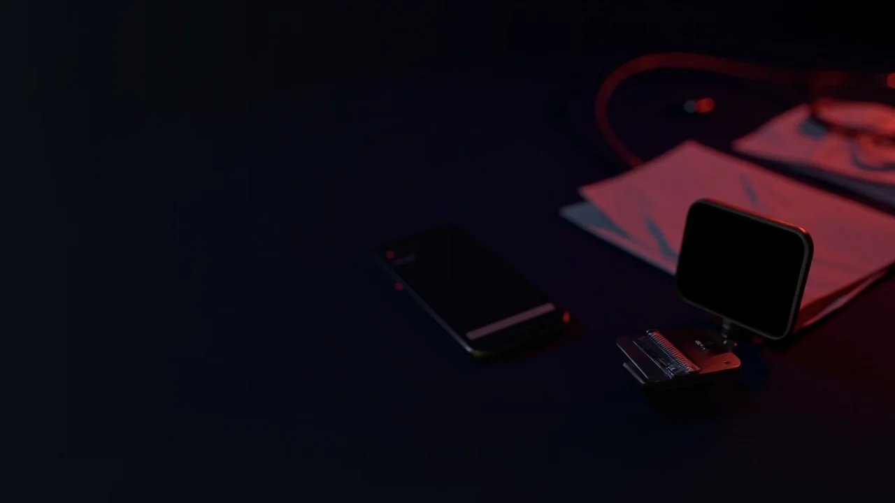 A dark navy desk with a phone, a metal hardware wallet and paper.