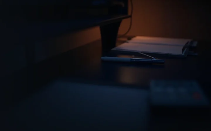 A dark desk with blank tax forms, a calculator and a pen, lit by warm orange light.