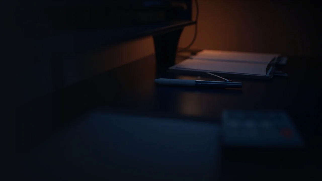 Ein dunkler Schreibtisch mit leeren Steuerformularen, einem Taschenrechner und einem Stift, beleuchtet von warmem orangefarbenem Licht.