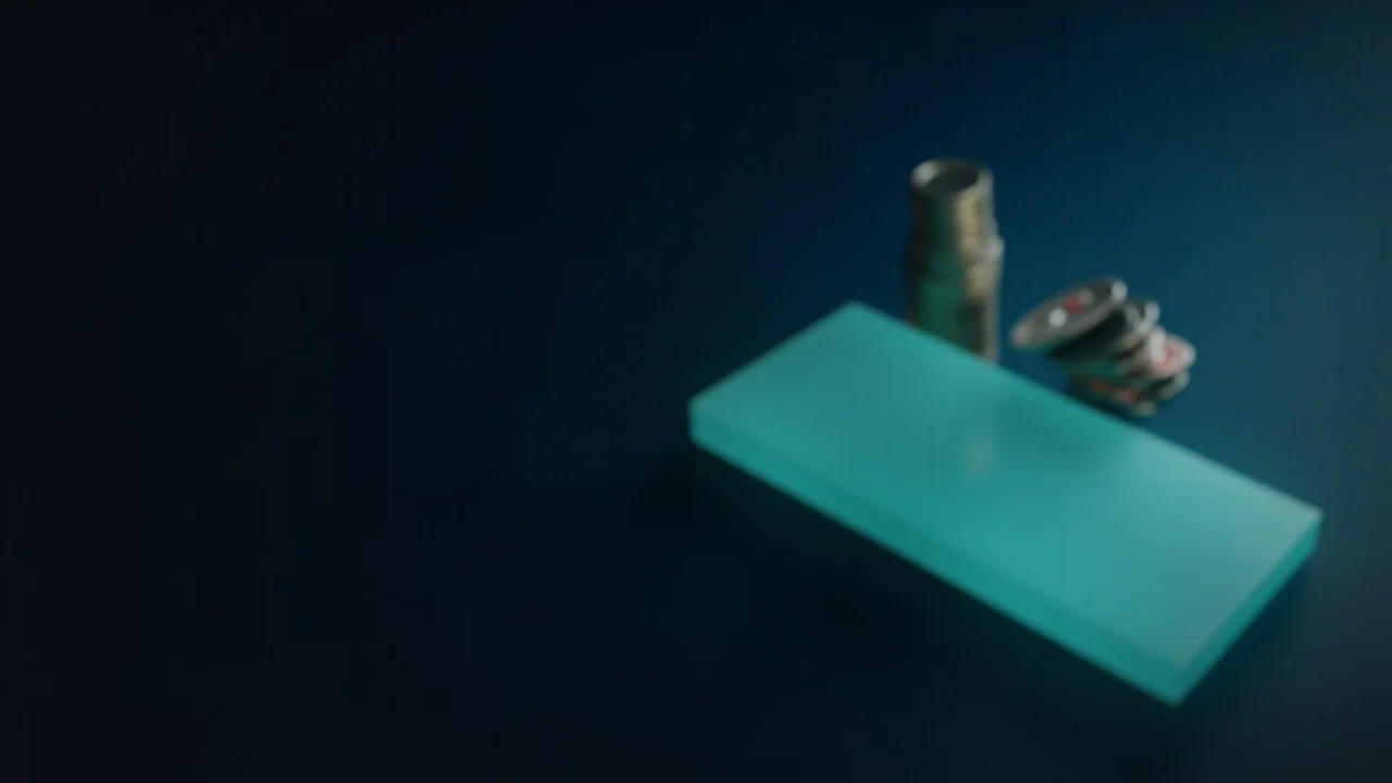 Leere Münzen, ein leuchtender Glasblock und ein Bildschirm auf dunkelblauem Hintergrund.