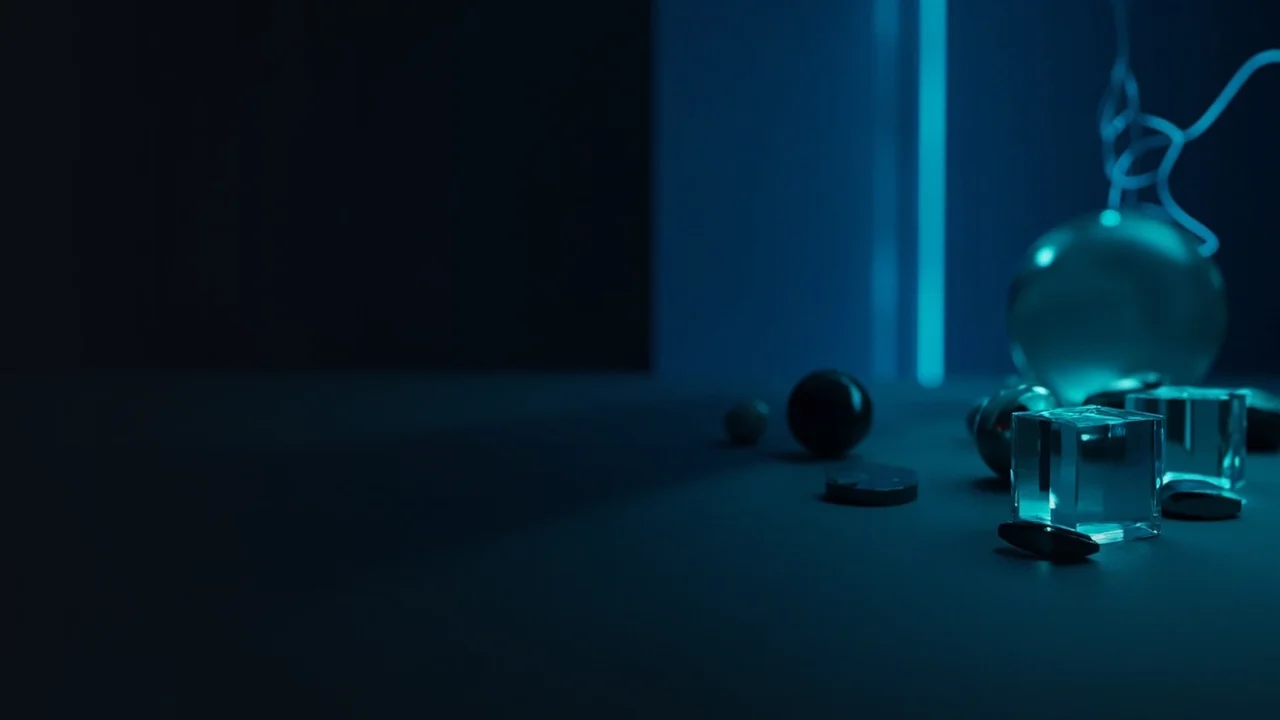 Un fondo azul marino oscuro con bloques cian brillantes unidos por luz a la derecha.