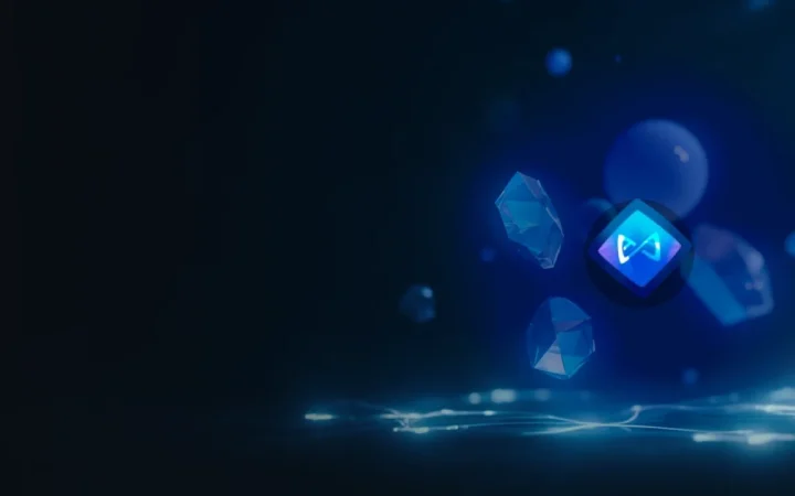 Das Axie Infinity Logo vor einem dunkelblauen Hintergrund mit leuchtenden blauen Kristallen.