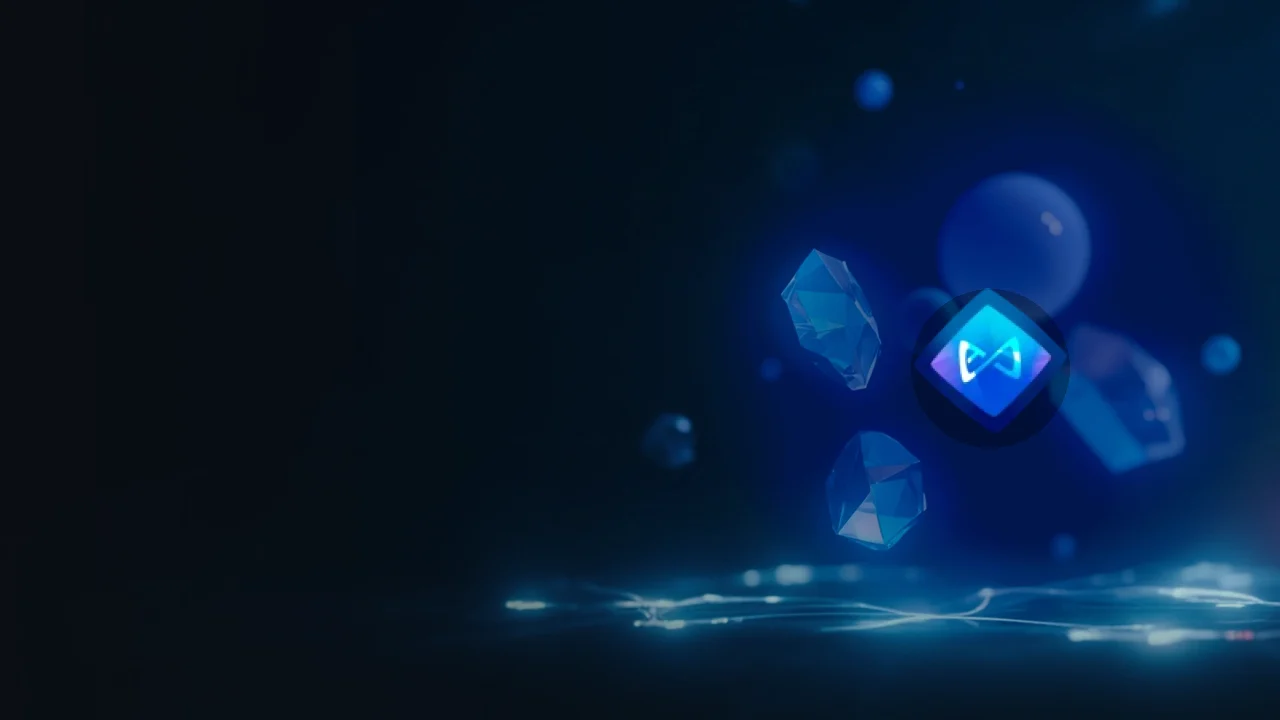 Axie Infinity-logoet over en mørk navyblå baggrund med glødende blå krystaller.