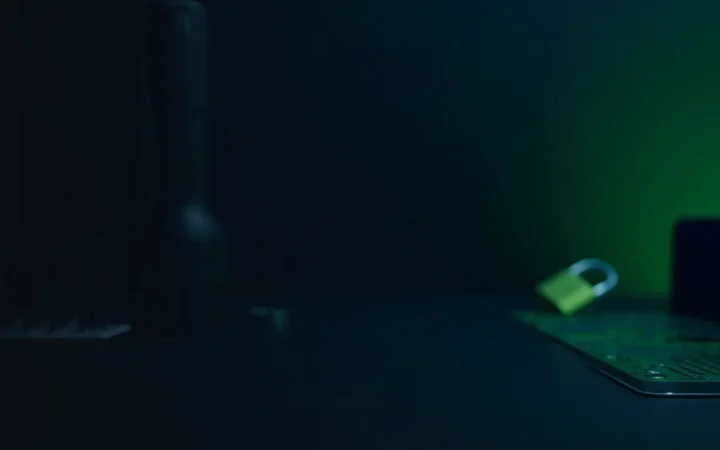 A dark desk with a hardware wallet, steel plate and padlock glowing lime green on the right.