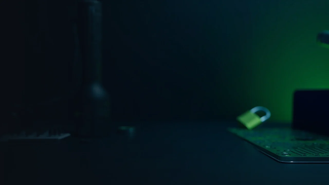 Et mørkt skrivebord med en hardware-wallet, en stålplade og en hængelås, der lyser limegrønt til højre.