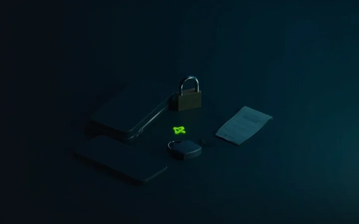 Et mørkt skrivebord med telefoner og en glødende pil.