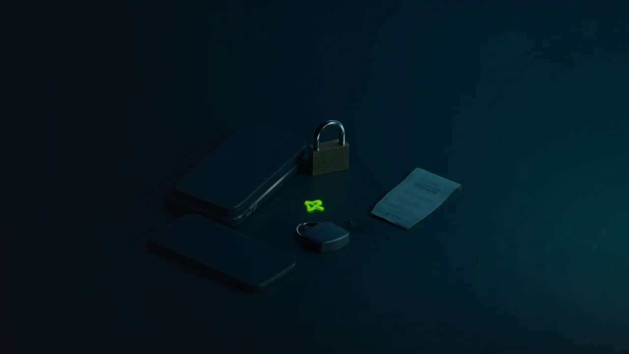 A dark desk with phones and a glowing arrow.