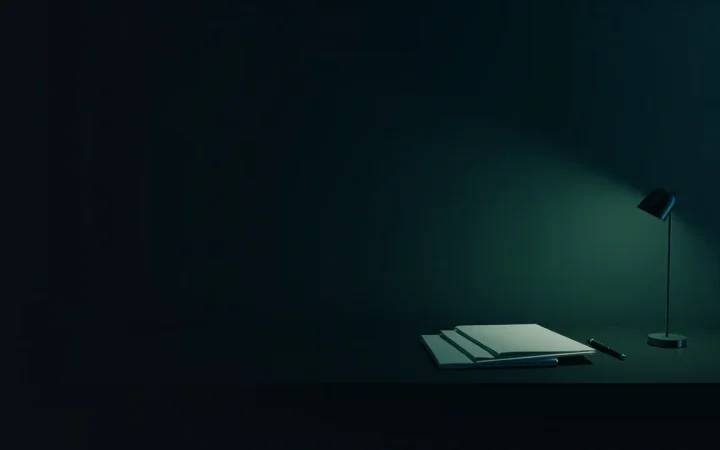 A dark desk with blank forms, a folder and a pen on the right, glowing lime green.