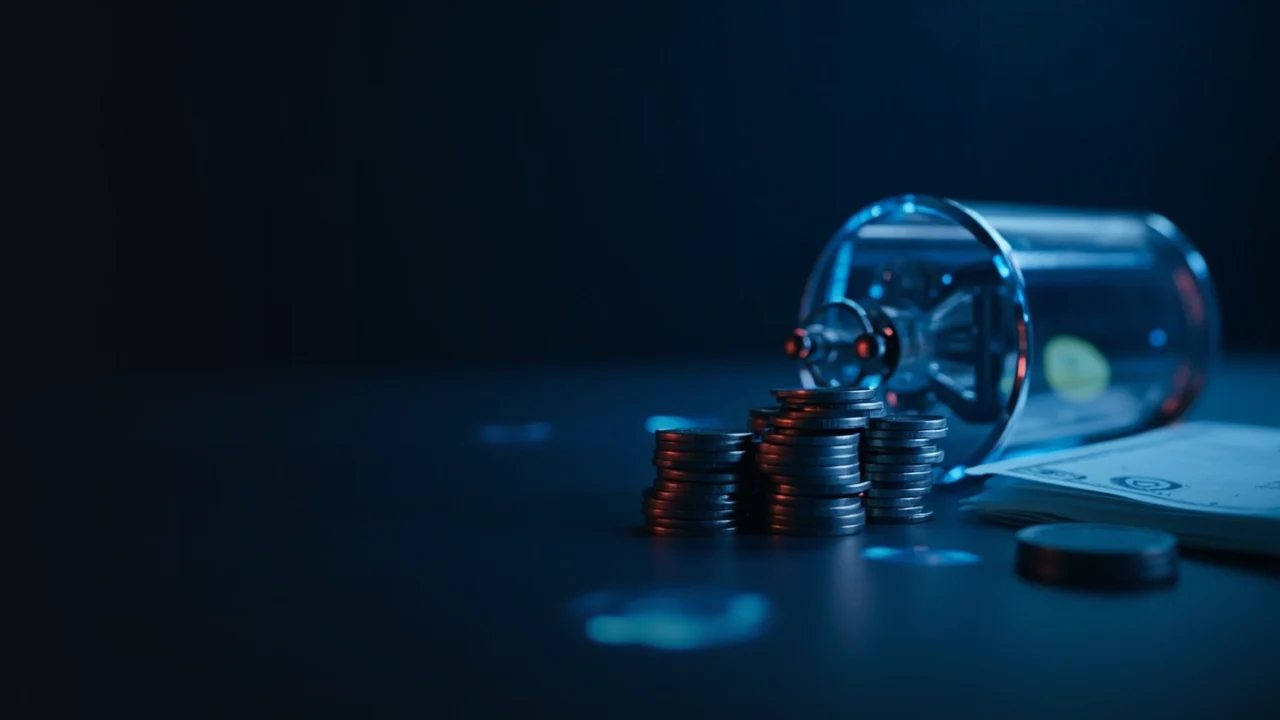 Ein dunkelblauer Hintergrund mit einem Stapel leerer Münzen, einem Glas-Tresor und leeren Papieren, die blau beleuchtet sind.