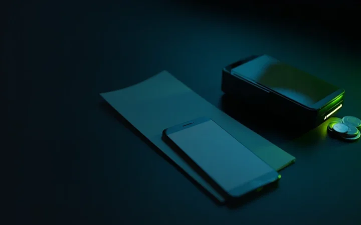 A dark desk with a terminal, blank invoice, phone and coins.