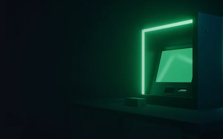 A dark navy scene with a glowing lime green ATM kiosk and blank cash on a desk.