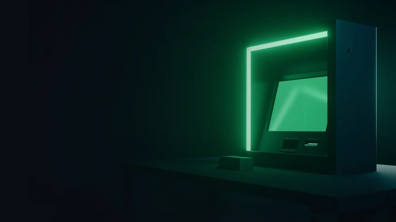 En mørk navy scene med en glødende limegrøn ATM-kiosk og blanke kontanter på et skrivebord.