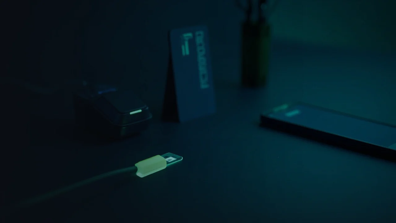 A dark desk with a card terminal and blank card in lime green and navy.