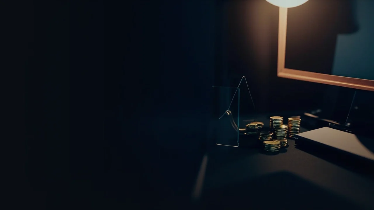 A dark desk with blank glowing monitors, stacked metal coin blanks and cables lit in gold.