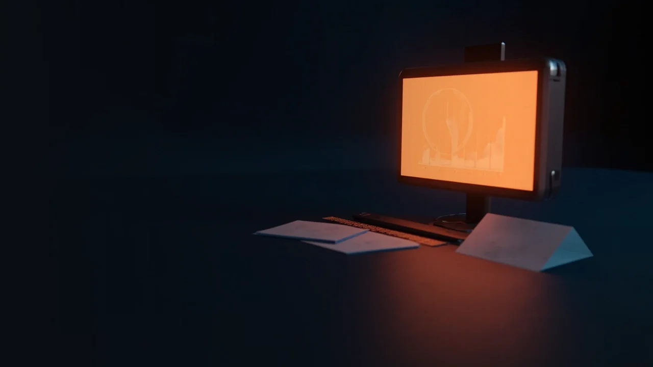 Un bureau sombre avec un écran orange lumineux affichant un graphique circulaire vide et des fiches d'index vierges, le côté gauche en bleu marine foncé vide.